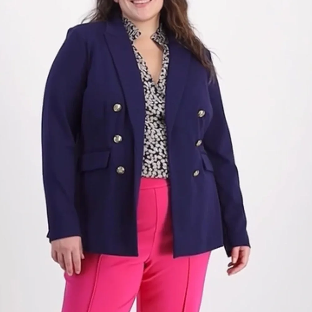 On 34th Faux Double Breasted Ponte Knit Blazer Navy Blue 1X - Picture 2 of 12